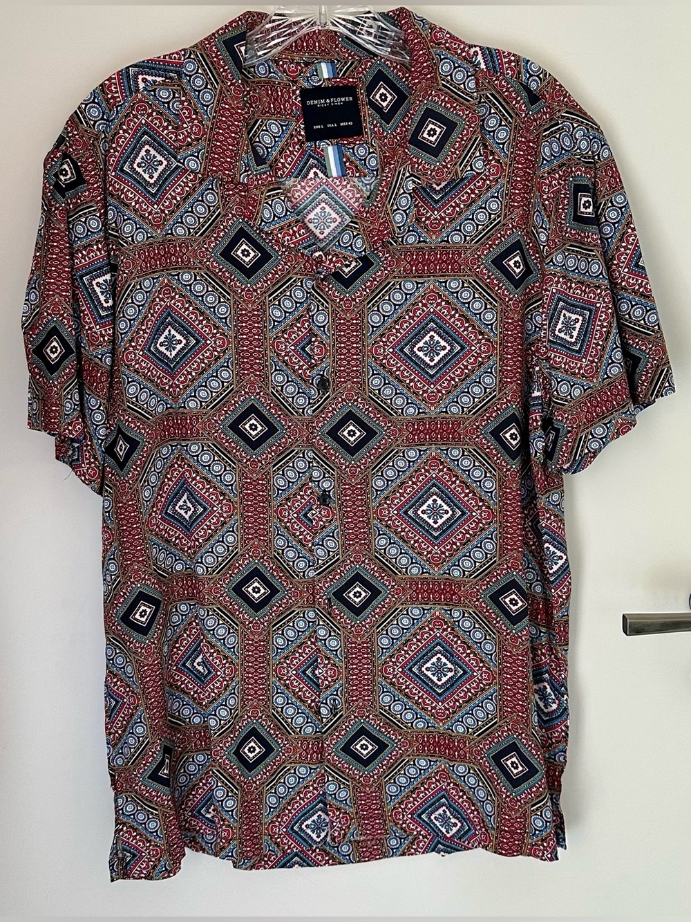Denim and Flower Red Patterned Short-Sleeve Shirt